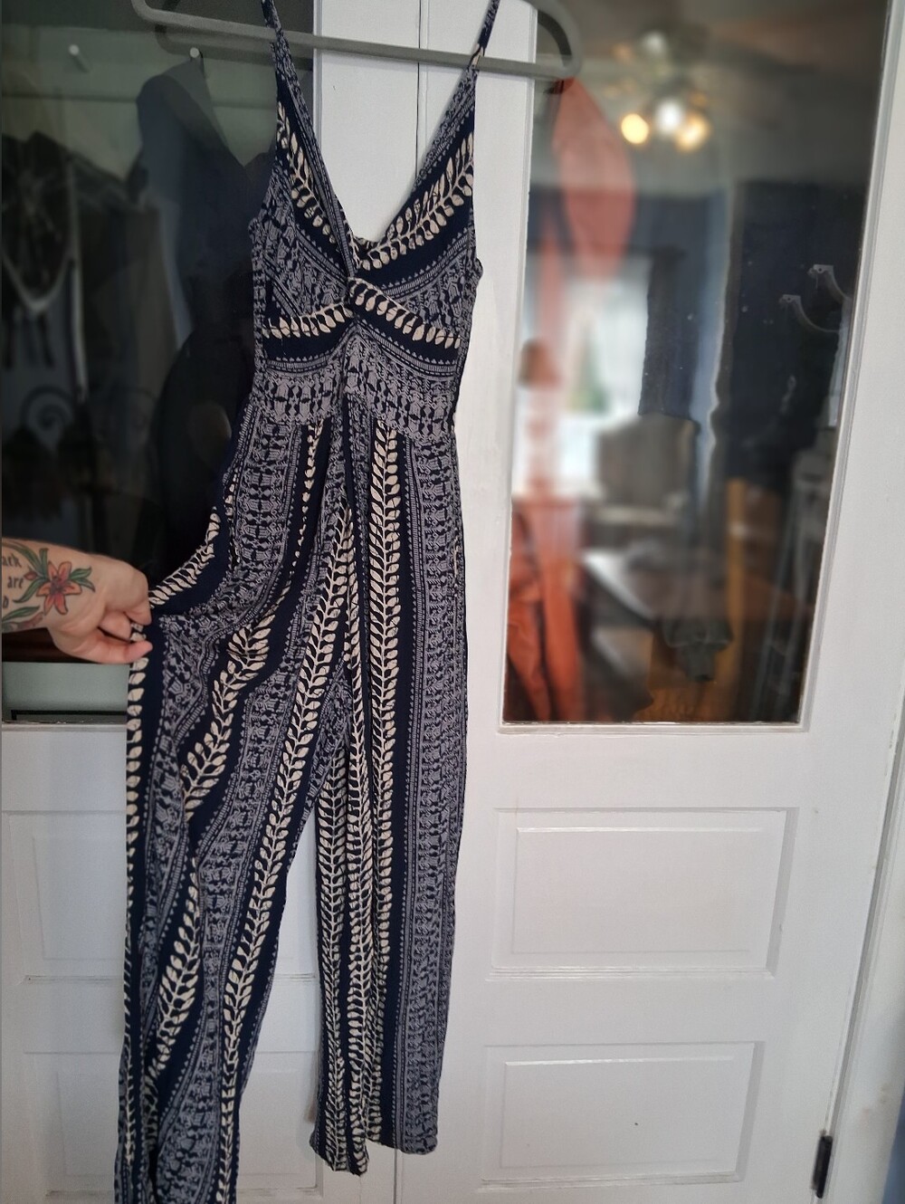 Women's Navy and Cream Patterned Jumpsuit